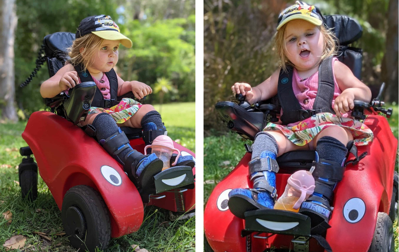 Two images of a young girl, using a red wizzybug outdoors. She is wearing a blue and yellow hat, has blonde hair and is smiling in the images. The background of the image is green with trees and grass.