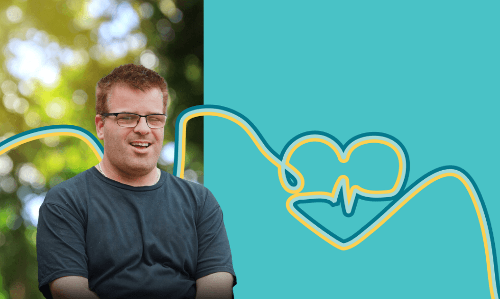 decorative image which includes Justin, a yooralla client and a heart shape symbolising good health