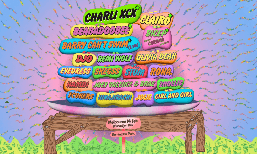 An illustration of artist names appearing at Laneway festival 2025 including - Charli XCX, Clairo, Beabadoobee and many more